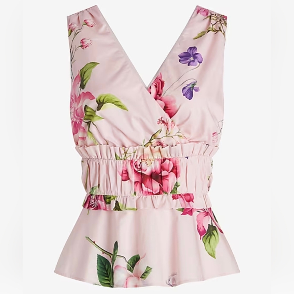 Express Ruffled Peplum Tank in Pink Floral, Size Small